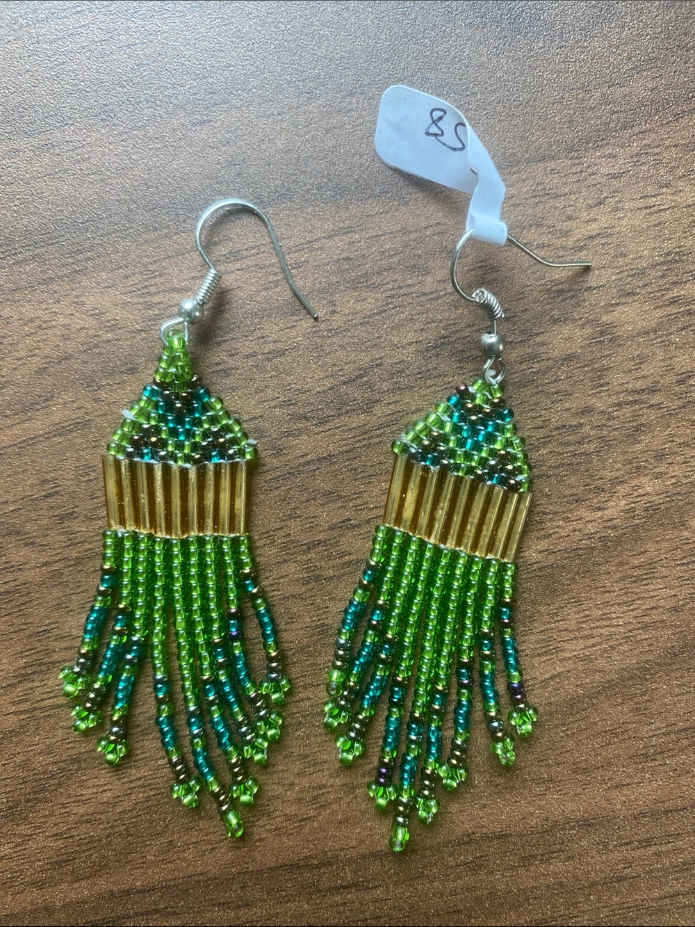 Handmade Green Beaded Fringe Earrings